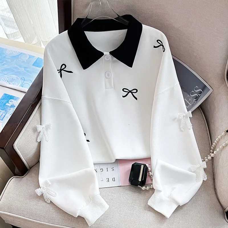 Autumn Spring Girls' Polo New Collar Bow Embroidery Slish Preppy Color-Blocked SweatshirtW260917