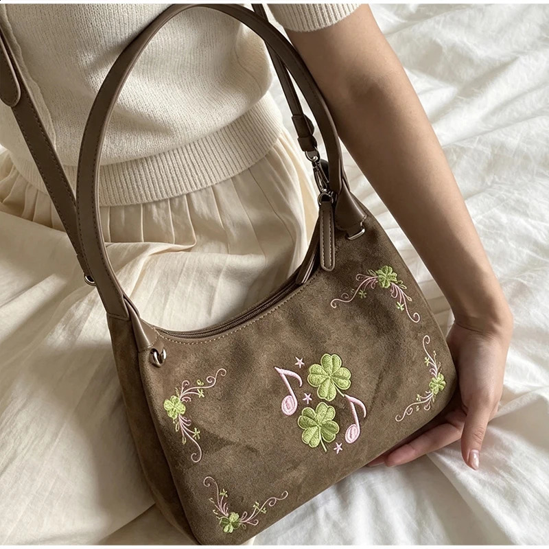 Vintage Grass Music Note Embroidery Shoulder Bag Suede Hobo Handbag Casual Zipper Women Commute Underarm Purse Crossbody Tote 260917
