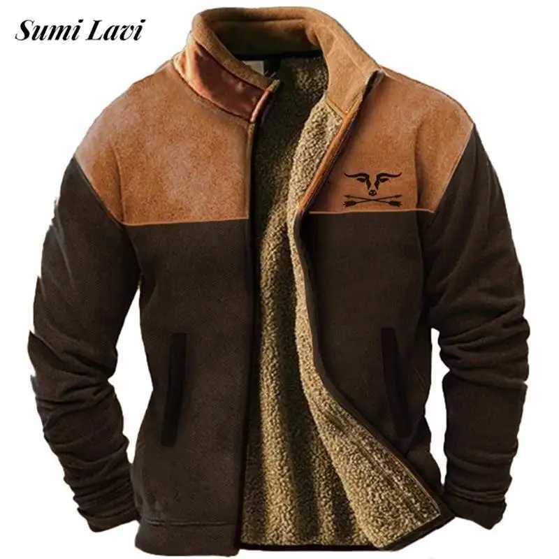 Stylish Zipper Stand Collar Flce Jacket For Men Autumn Winter Vintage Patchwork Jackets Casual Long Slve Mens Cardigan Tops S2609185B8P