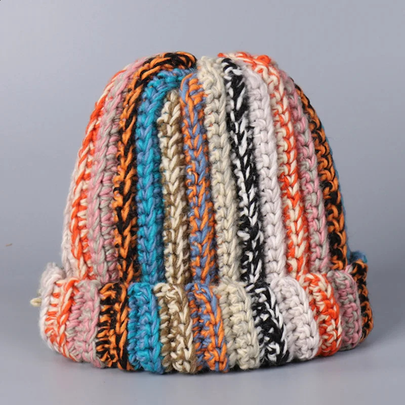 Japanese Style Women Handmade Stick Needle Knitted Wool Hat Men Winter Warm Ear Protection Colored Wool Striped Beanie Hat 260917