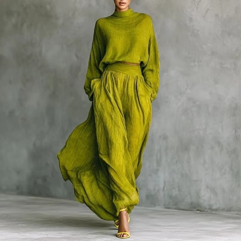 Autumn Long Sleeve Turtleneck Pullover Top Maxi Skirts 2 Pieces Sets Retro Solid Cotton Linen Pleated Suit Fashion Woman Outfit 260917