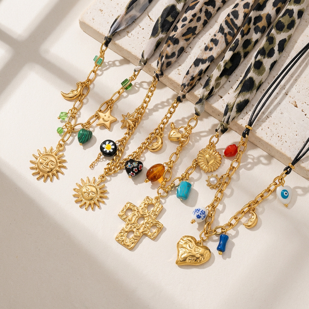 European American vintage high-end silk scarf necklace with cross, sun, moon, stars, heart-shaped beads, and pendant for the collarbone