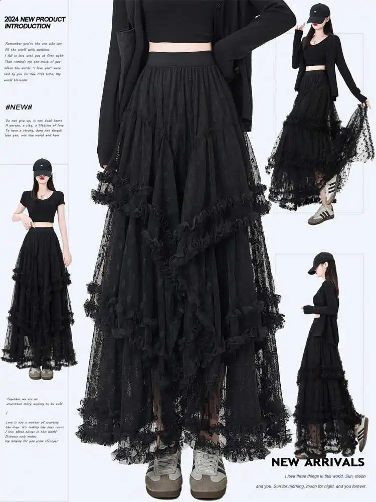 Vintage Gothic Black Skirts Women Fairycore Grunge Lace Patchwork Trumpet Skirt Punk Streetwear Partywear Emo Alt 260918