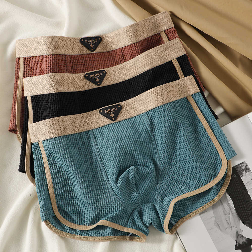 Silk Underpants 3PCS/Pack Fashion Ice Knitted Plaid Boxers Breathable Comfort Mesh Crotch Underpants Super Soft High Elastic Men's Panties D260