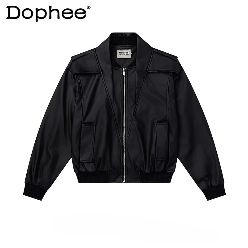 2025 Men's Autumn Loose Motorcycle Jackets Fashion American Style Retro Padded Shoulder Top Splicing PU Leather Jacket Coats 260917