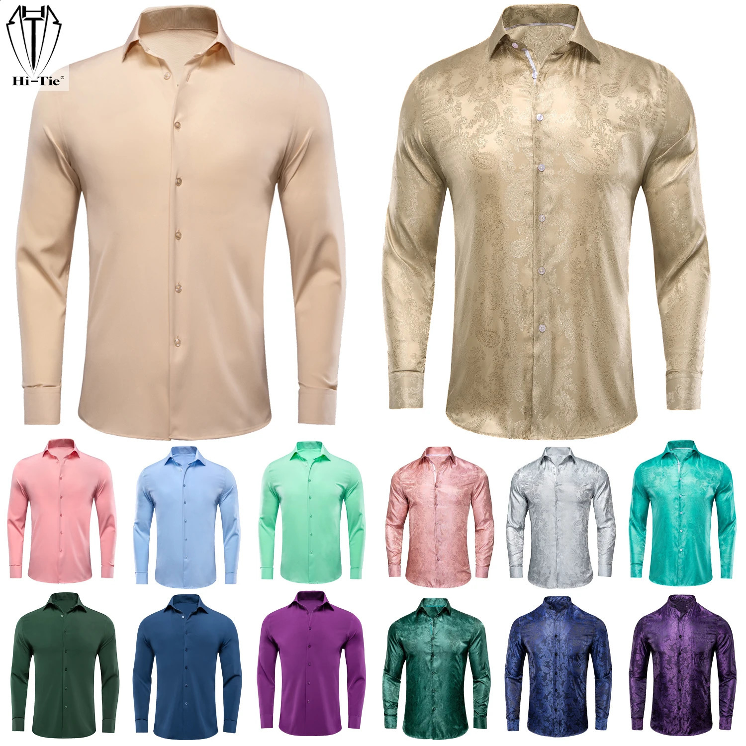 HiTie Jacquard Mens Shirts Long Sleeve Slim Lapel Dress Suit Shirt Casual Blouse Yellow Blue Mint Pink Purple Green Brown 260918