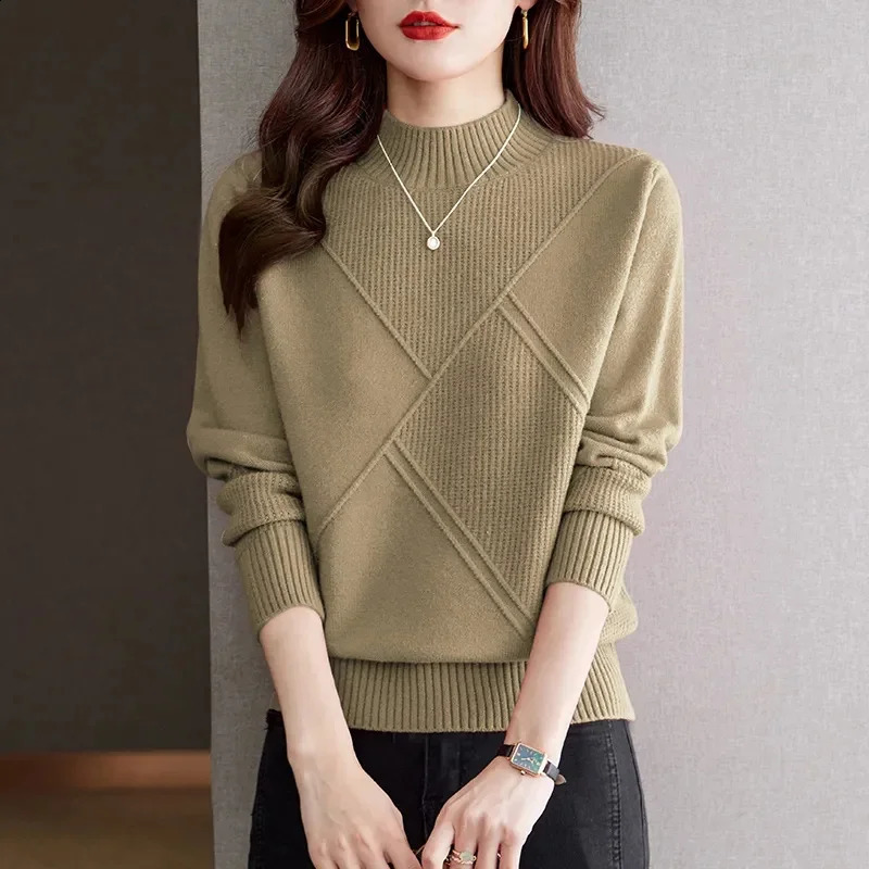 2026 Women Solid Half High Collar Cashmere Sweater Autumn Winter Loose Plus-Size Knitted Wool Casual Sweater Bottoming Shirt 260917