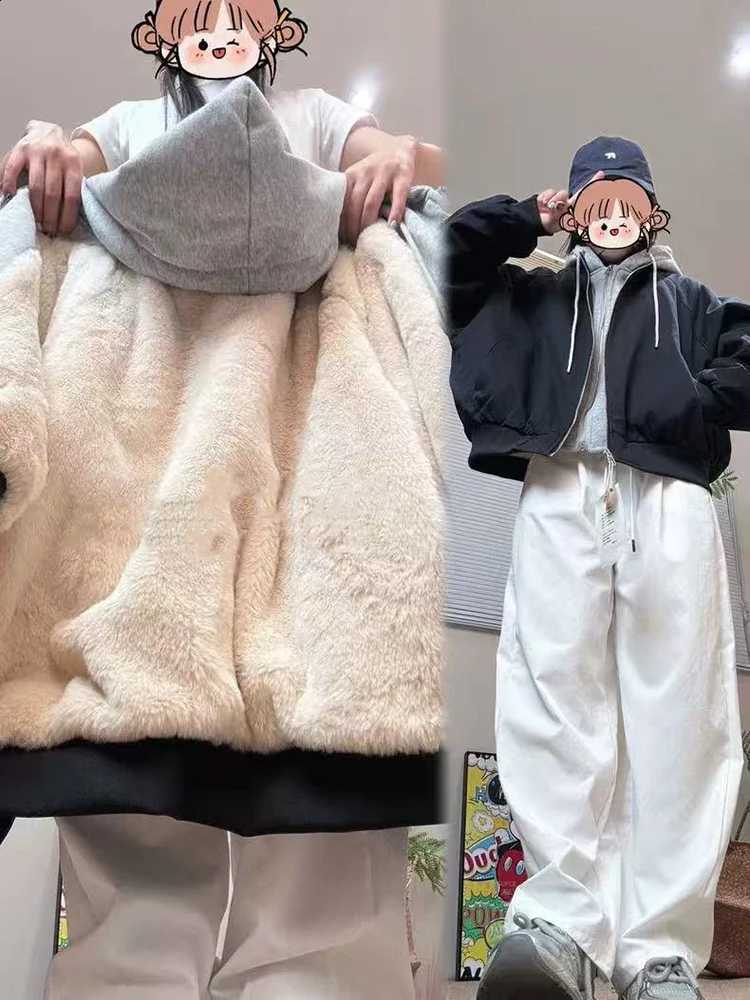 Y2K Thick Patchwork Hooded Jacket Winter Fashion Plush Warm Casual Fake 2 Piece Coats Bf Korean Loose Streetwear All Match Parka H260917