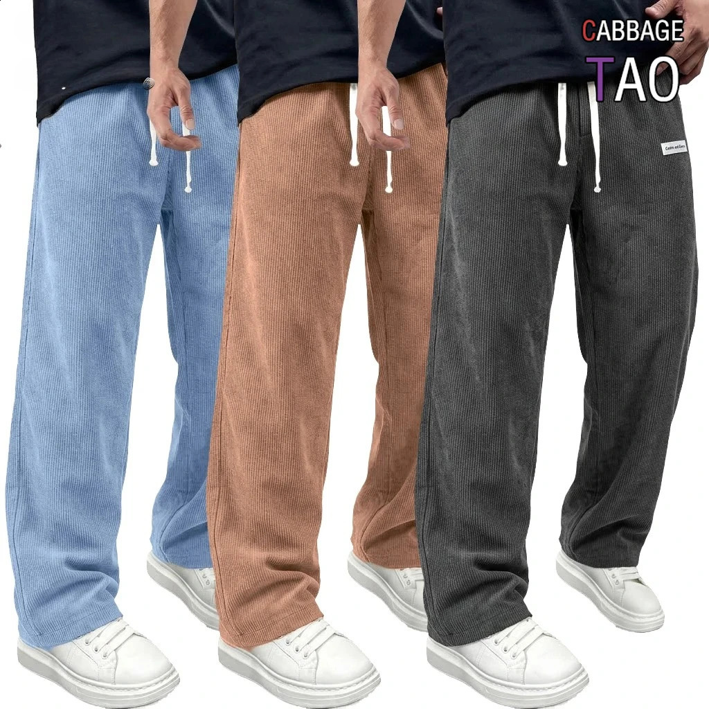 Mens Outdoor Casual Corduroy Trousers Drawstring Elastic Waist Straight Leg Sweatpants Loose Fit Joggers with Pockets for Wear 260917