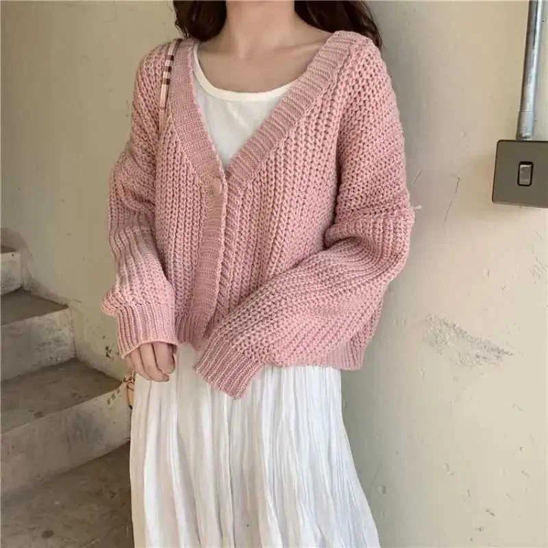 2026 New Sweet Cute Preppy Style Girls' Tops Loose Outer Wear Short Long Sleeve One Button Knitted Cardigan