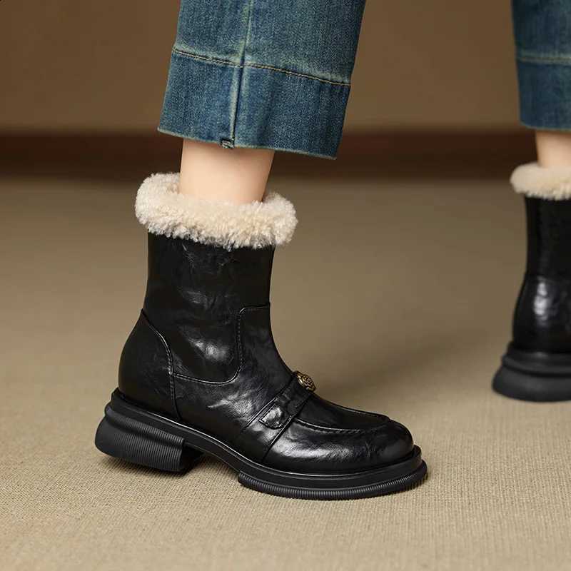 thick British style round toe sole with fleece short boots for women 2026 new leather and wool thick sole warm short boots D2609161