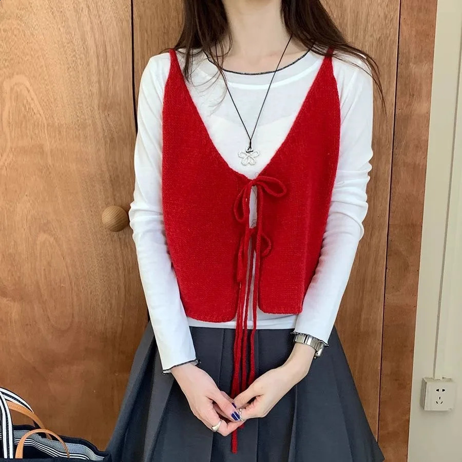 Two Side Wear TieFront Sweater Vest Red Beige Yellow Gray Black Sleeveless Knit Cardigan Spring Autumn Vneck Fashion Cover Top 260916