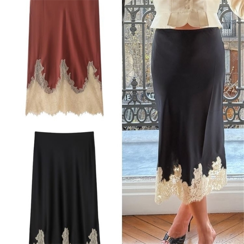 HH Elegant Women Patchwork Lace Hem Satin Skirt Fashion Female Spring and Autumn High Waisted Side Zipper Slim Fit Midi 260917