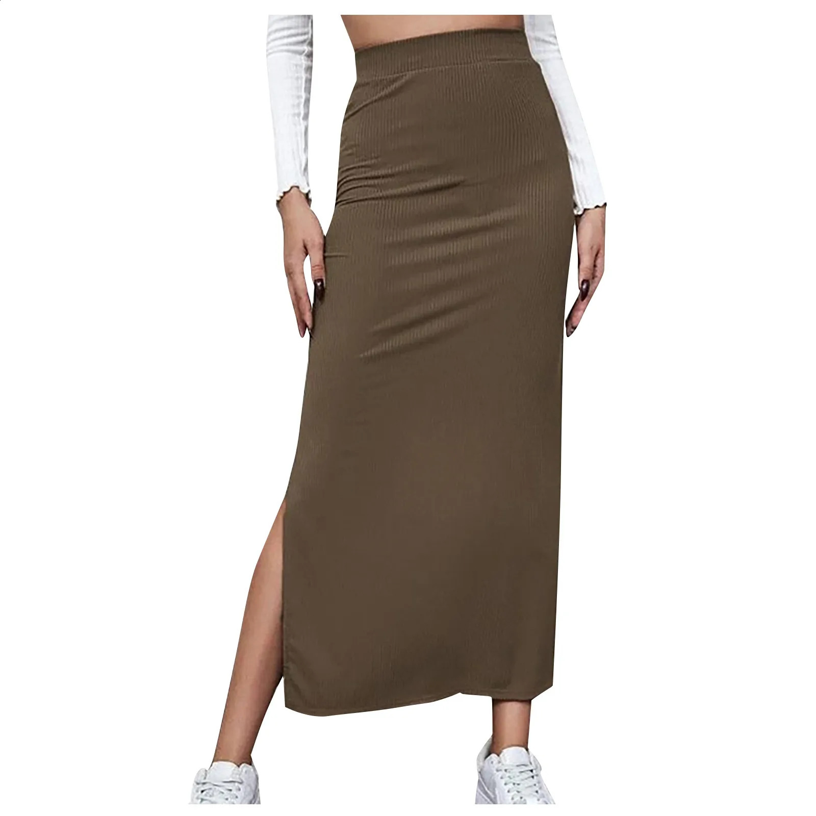 Female Solid Color Slim Fitting Midi Skirts With Slit Office High Waist Satin Skirts Fashion Sexy Straight Elastic Waist Dress 260917