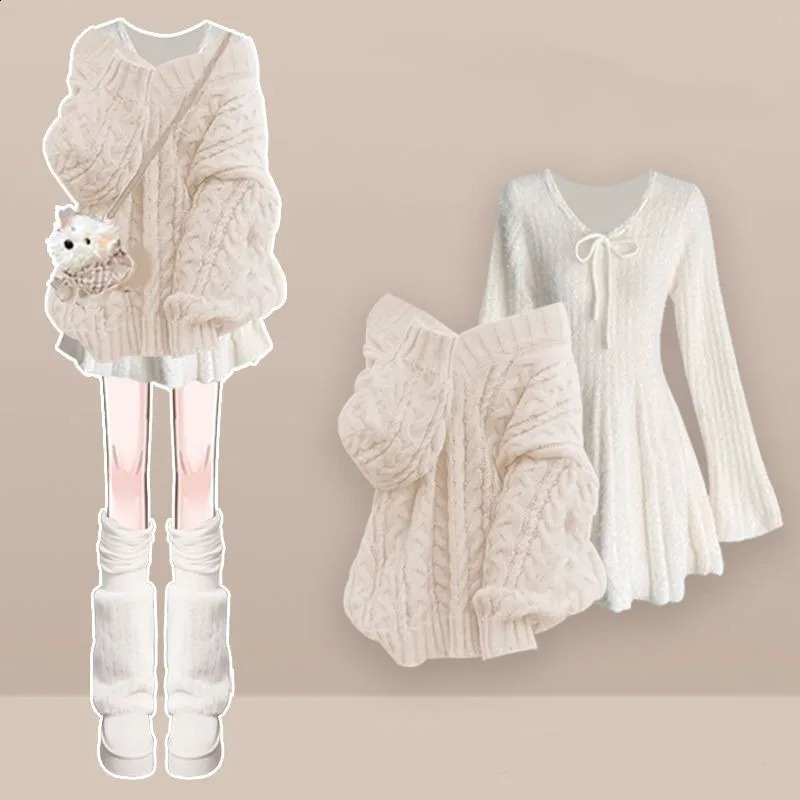 Women's 2026 Winter Fashion Knitted Sweater Midi Skirt Matching Set Korean Elegant PulloverLong-sleeve Dress Two Piece Suit 260917