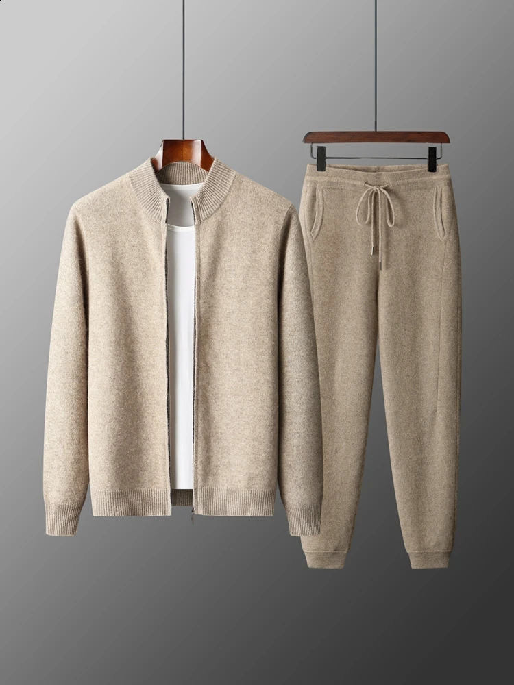 100% Merino Wool Two-piece Suit for Men Autumn Winter Knitting Zipper Cardigan and Slim-fit Pants Warm Thickened Clothing Sets 260917