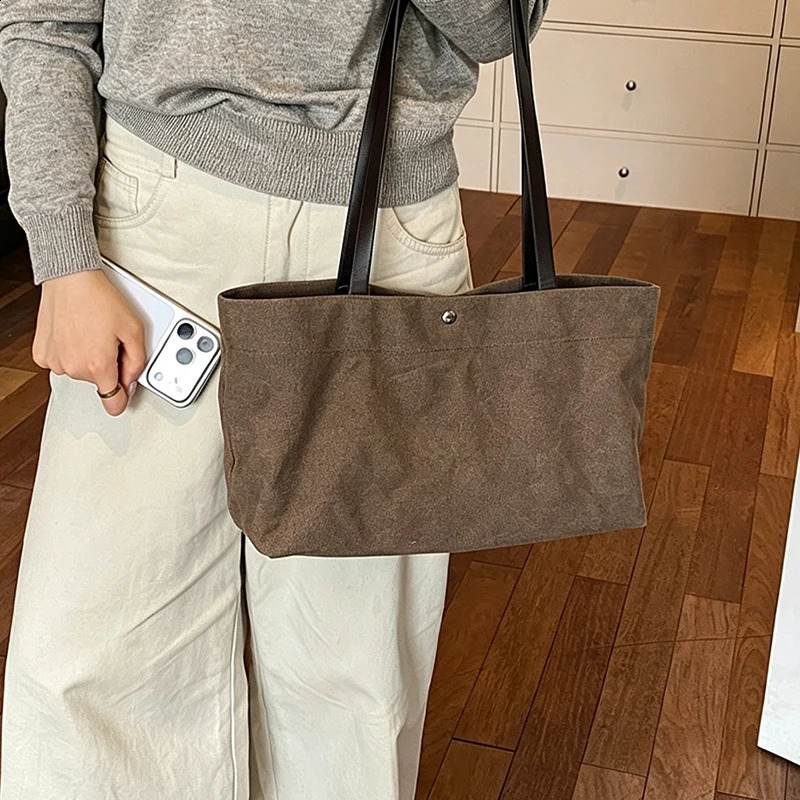 Simple Solid Linen Tote Bag Large Capacity Lightweight Shoulder Handbag Wide Strap Casual Soft Shopping Bag For Daily Commute 260917