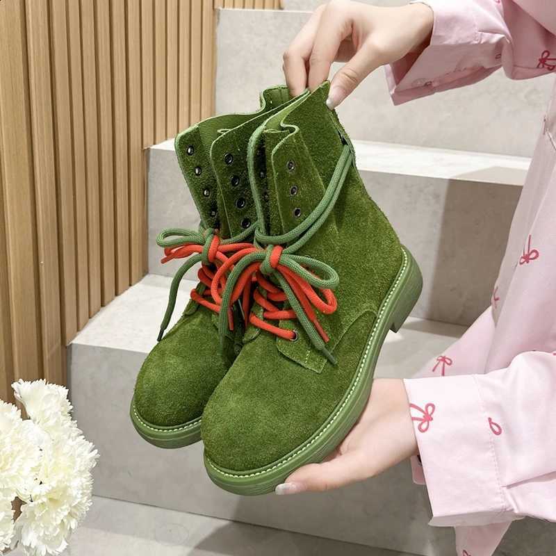 New Women's 2025 Ankle Boots Genuine Leather New Women's Biker Boots Lace-up Suede Women's Booties D2609171
