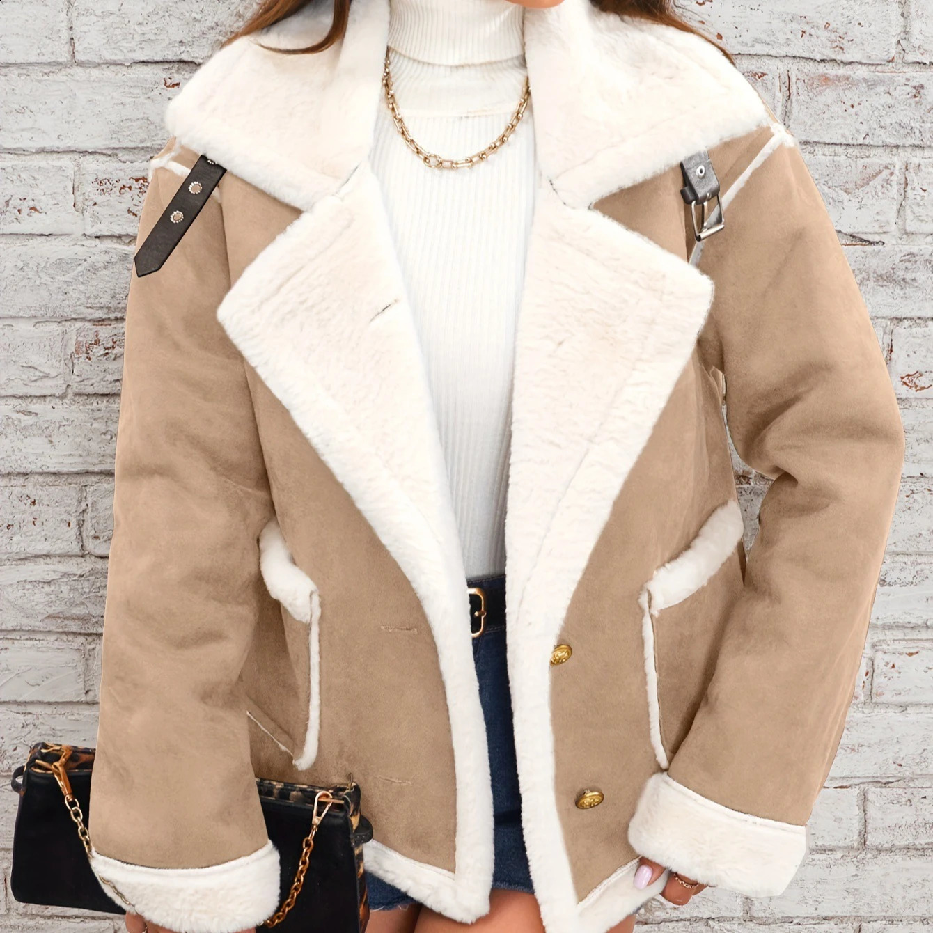 Women Shearling Jacket Casual Short Coat Y2k Turn Down Collar Long Coats Single Breasted Loose Street Wear Thick Winter 260917