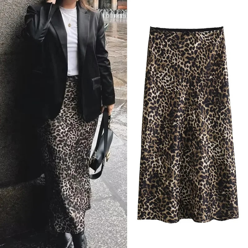 MUJER Leopard Print Satin Skirt Woman Bow Vintage Midi Skirt 2025 Summer Elegant Long Skirts For Women Fashion Women's Skirts 260917