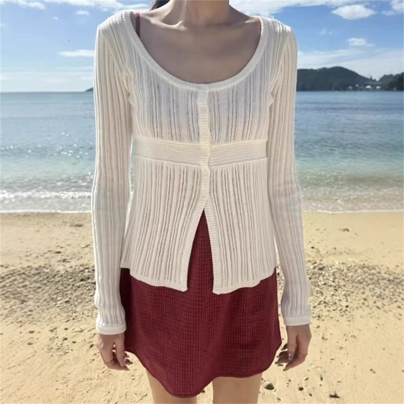 Slim Fit Long Sleeve Knitted Top Womens BM Style Fresh Sweet Style round Neck Button Waist Inward Hollow out Cotton S... 260826