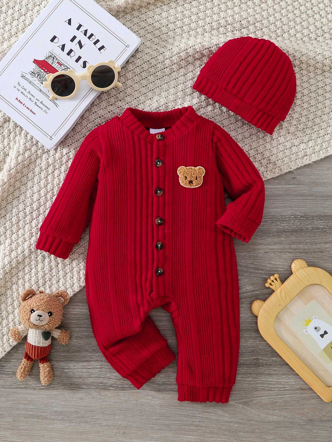 Ribbed 2Pcs Baby Spring Autumn Rper + Knit Beanie Cute Bear Patch Red Front Button Onesie for 018 MonthsW260917