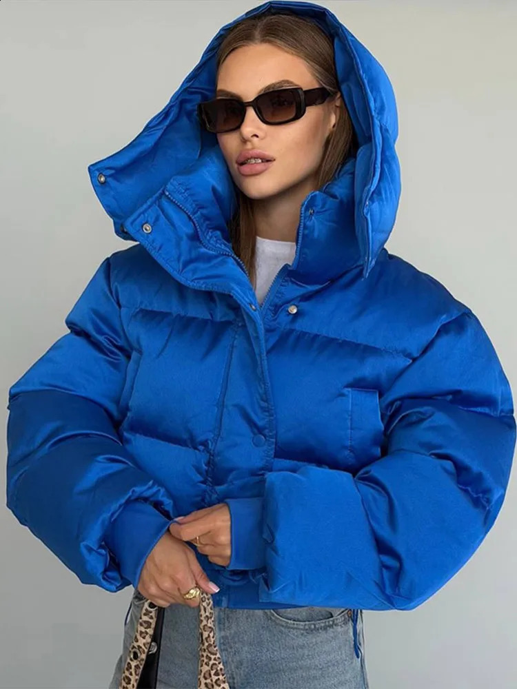 Womens Cropped Puffy Jacket Detachable Hood Drawstring Waist Drop Shoulder Long Sleeve Loose Padded Winter Down Jackets 260918