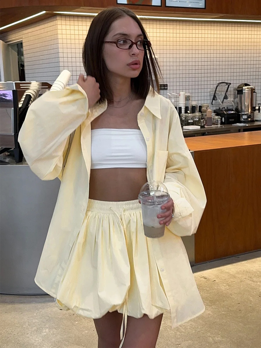 Bornladies Spring Summer Yellow Loose Shirt and Short Skirt Casual Set with Lace-up Flower Bud Skirt 260917