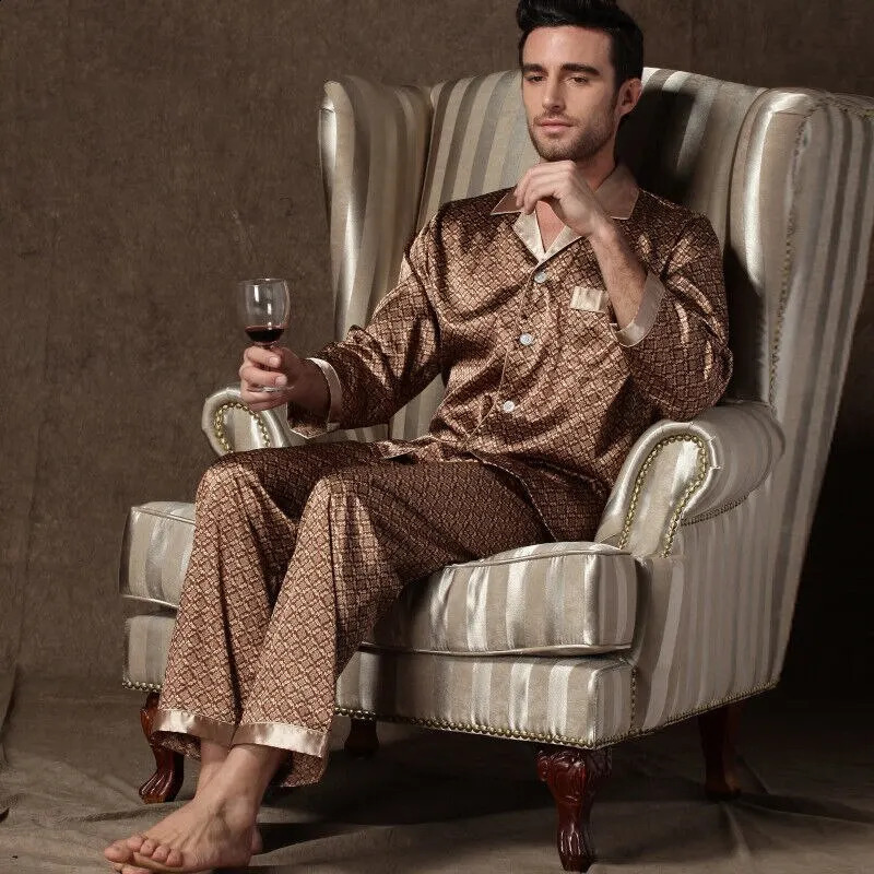 High Quality Pajamas Set Men Spring Autumn Thin Polyester Ice Silk Long-sleeved Sleepwear Plus Size Summer Home Clothes Male 260917
