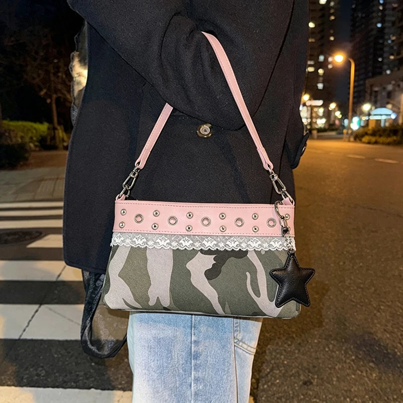 Y2k Women Camouflage Shoulder Bag Lace Rivet Eyelet Decor Pu Leather Patchwork Underarm Bag Retro Casual Party Daily Handbag 260917