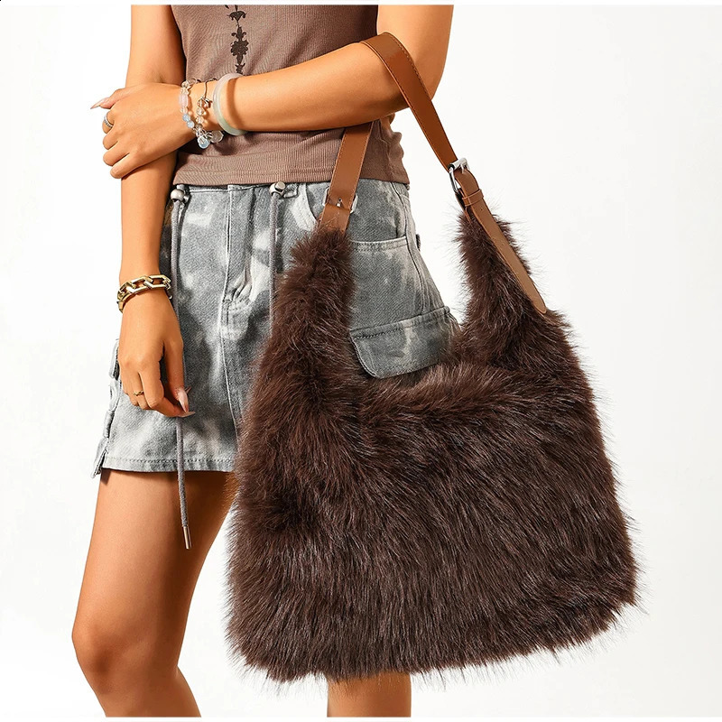 Women Large Fluffy Faux Fur Hobo Bag Adjustable Pu Leather Strap Vintage Winter Casual Oversized Shoulder Crossbody Handbag 260917