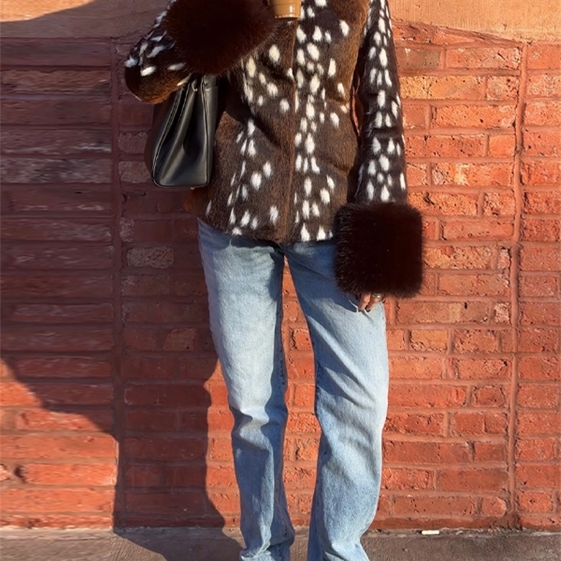 2026 Spring Jackets Women Leopard Print Shoulder Pad Long Sleeves Faux Fur Patchwork Fitted Coats Female Casual Retro Outwears 260917