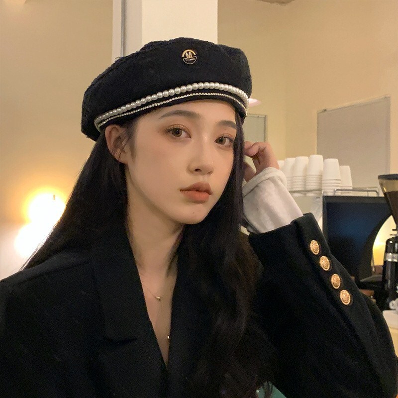 Stylish Chic Pearl Beret Women, Black, Trendy, -Inspired, Elegant, Korean Style, Suitable For Spring And Autumn Luxury Cap Brand Designer Hat
