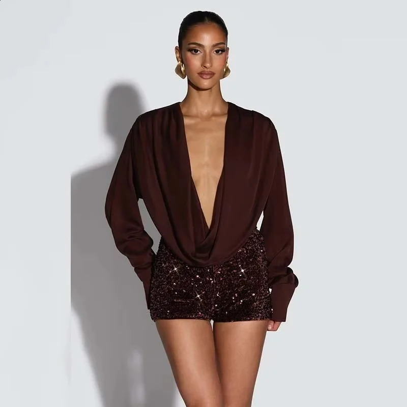 Avrilyaan Deep V Long Sleeve Sexy Two Piece Set Top And Sequin Shorts Women Set Holiday Casual 2026 Autumn 2 Piece Set Women 260918
