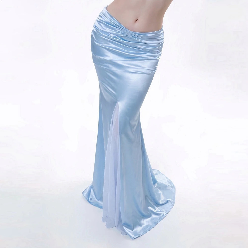 Women Sexy Mermaid Satin Midi Skirt Elegant Blue Slit Long Skirt High Waist Ruched Draped Party Evening Maxi Skirt 260917