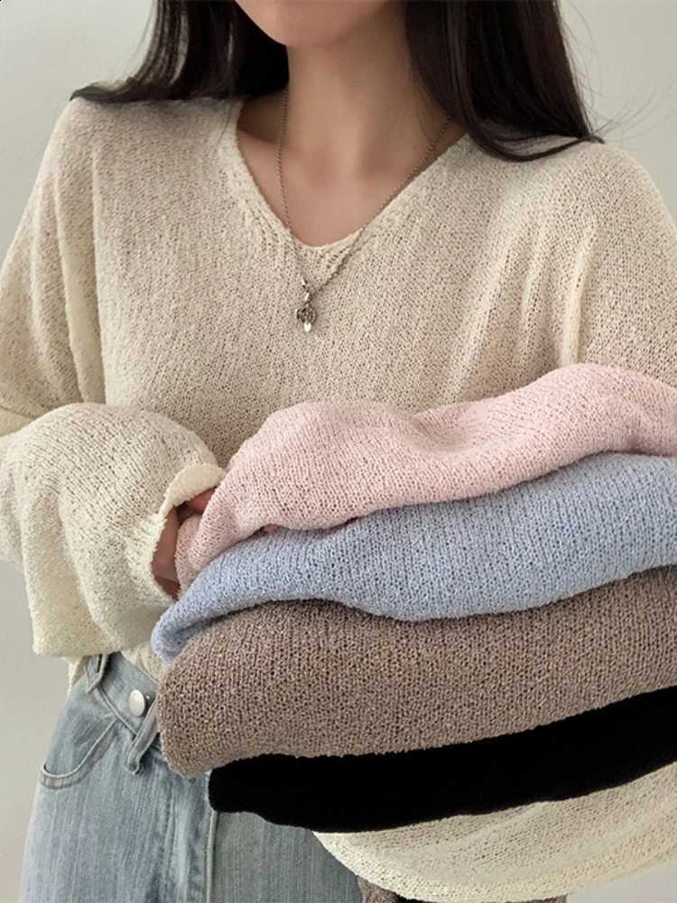 Loose Vintage Harajuku 2026 Long Sleeve Women Sweater Korean Spring Summer Knitwear Soft Thin Tops Chic Solid Femme Sweater J260916