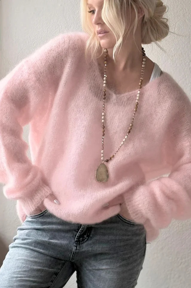 WomenS Soft V Neck Pullover Sweater Casual Detail Light Pink Loose Fit for Spring Fall 260918