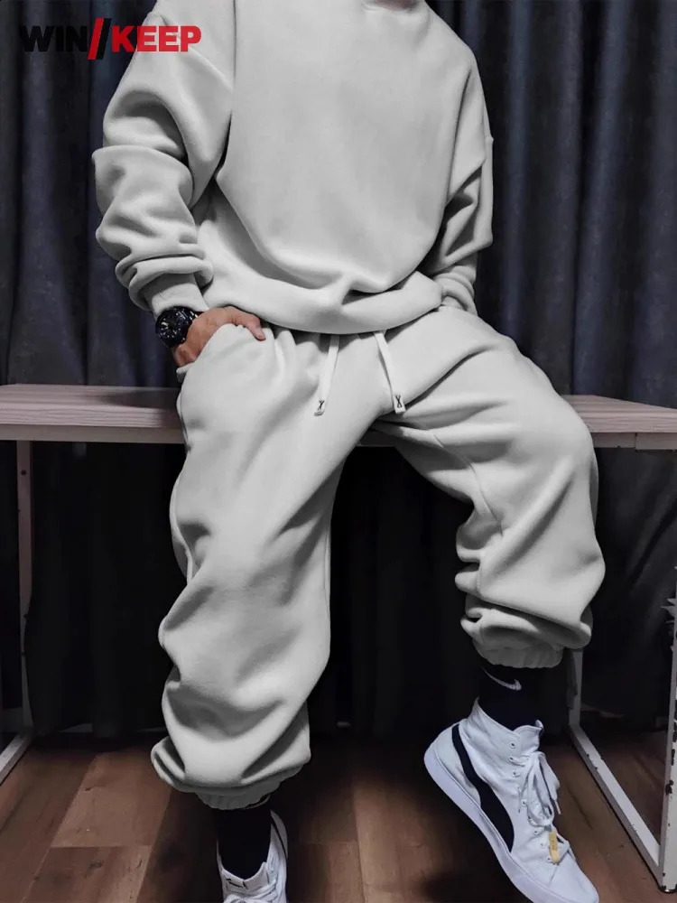 Mens Autumn Winter Fleece Sweatshirt Pants Set Thick Loose Running Sports Two Piece Jogging Tracksuit Gym Bodybuilding 260918