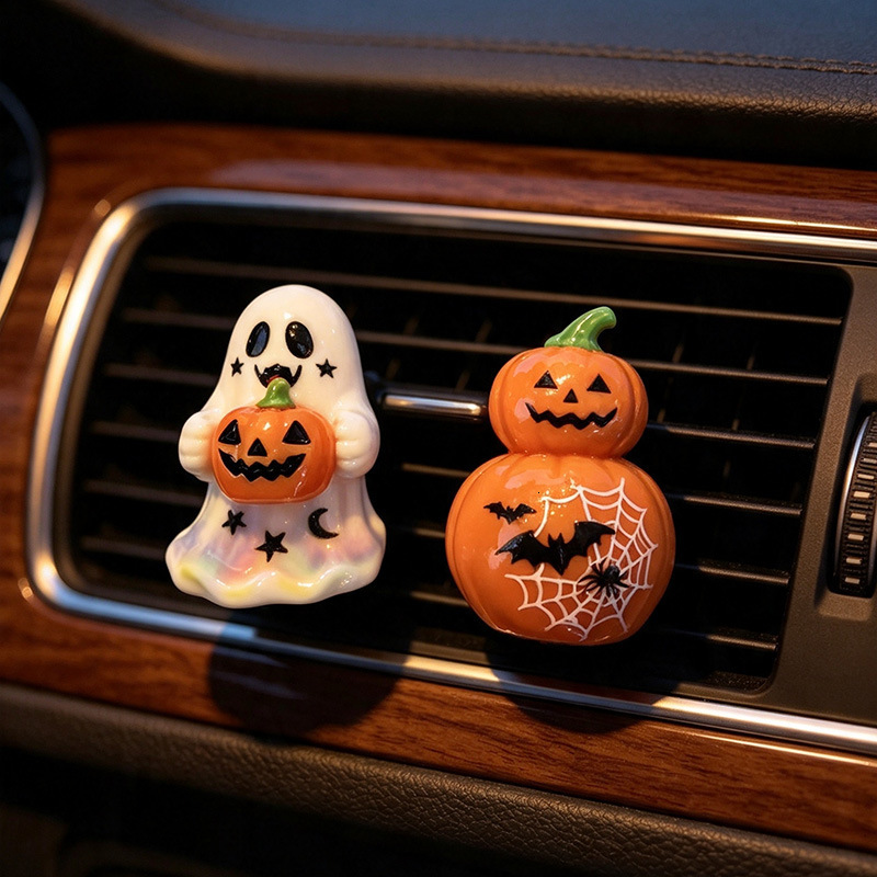 Three-Piece Set Fragrance Ornaments, Halloween Pumpkin Ghost Car Air Freshener Vent Clip, Horror Face Auto Interior