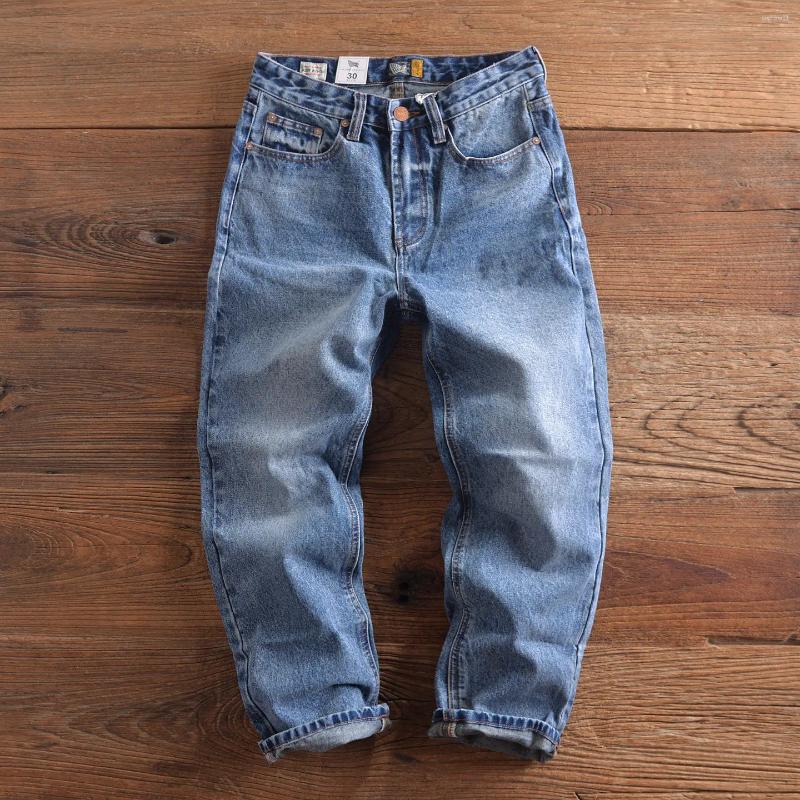 Spring American Retro Heavyweight Multiple Pockets Light Blue Jeans Men's Fashion 90%Cotton Washed Straight Casual Pant