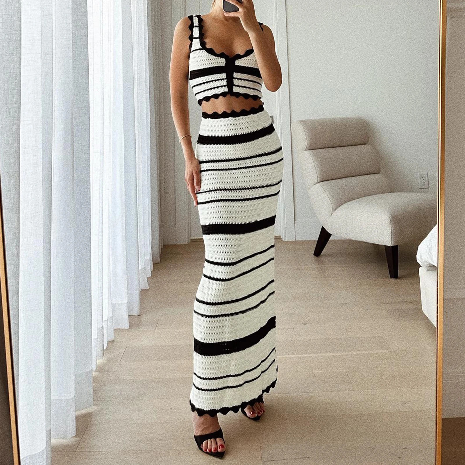 Elegant Striped Knitting Skirt Set 2-piece Outfits Button Closure Tank Top High Waist Maxi Skirts Summer Female Chic Lady Suit 260917