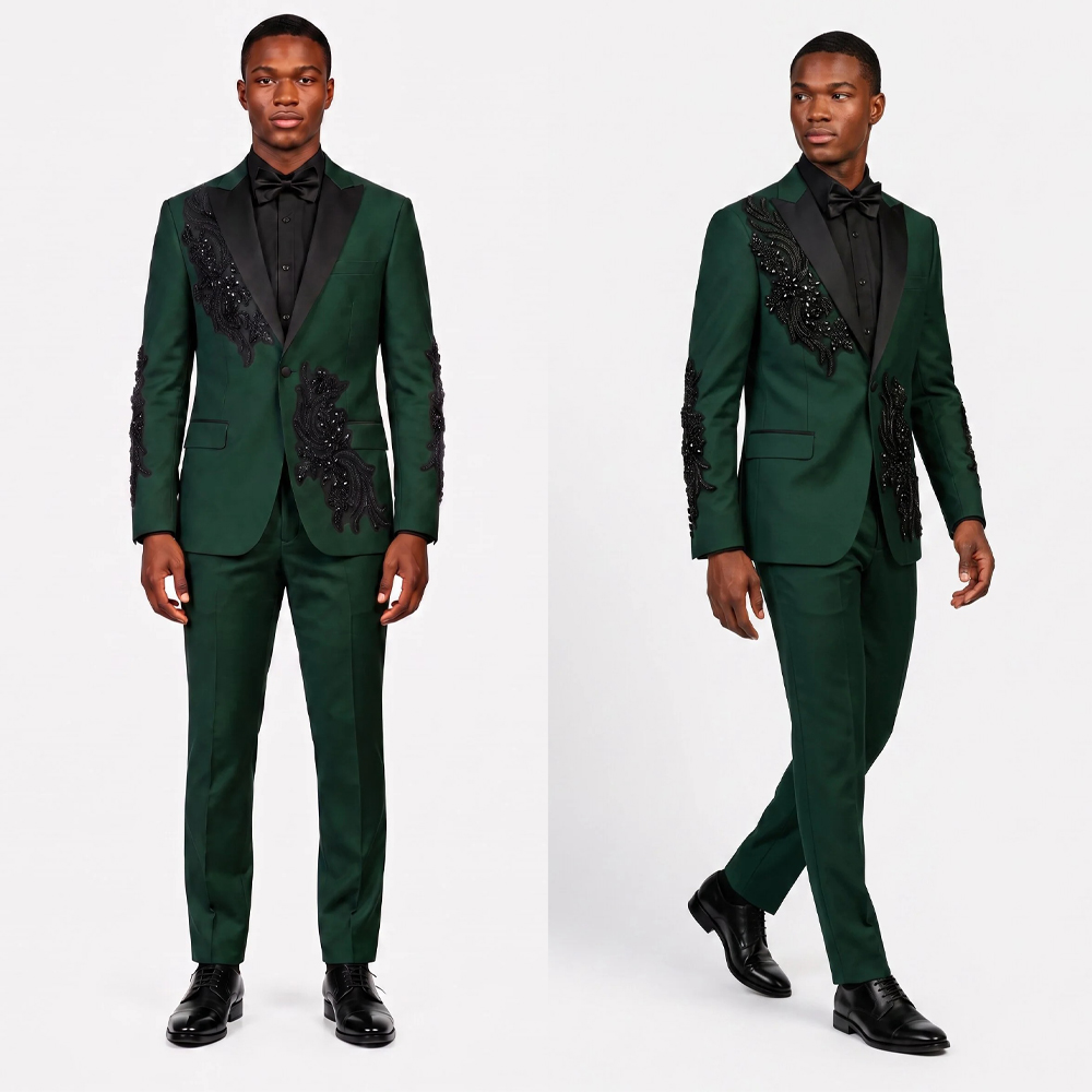 Stylish Crystals Appliques Men's Suits One Button Peaked Lapel Prom Blazers Formal Business Party Customized Wear