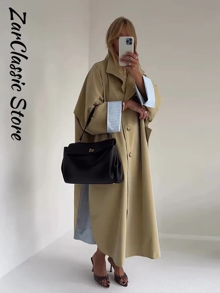 Elegant Khaki Women's Trench Coat Autumn High Neck Full Sleeve Loose Split Long Windbreaker Lady Casual Chic Jacket 2026 260917