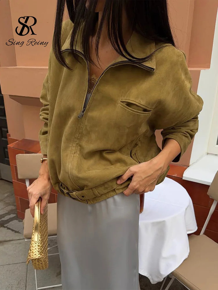 SINGREINY Loose Vintage Suede Jacket Lapel Zipper Belt American Retro Coats Autumn Lady Streetwear Versatile Chic Outerwear 260917