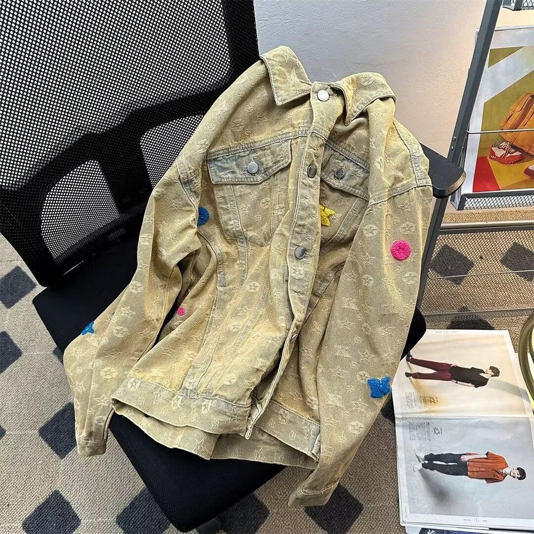 Yellow Mud-Colored Jacket, Unisex, Suitable For Spring And Autumn, American Retro Style, Loose-Fitting Top, Trendy Brand, Towel Embroidery, Stylish