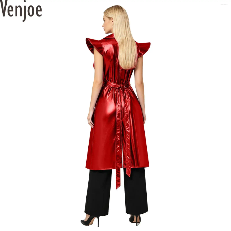 Womens Open Front Belted Long Jacket Coat Metallic Shiny Trench Sleeveless Notch Lapel Jazz Tops Music Festivals Clubwear