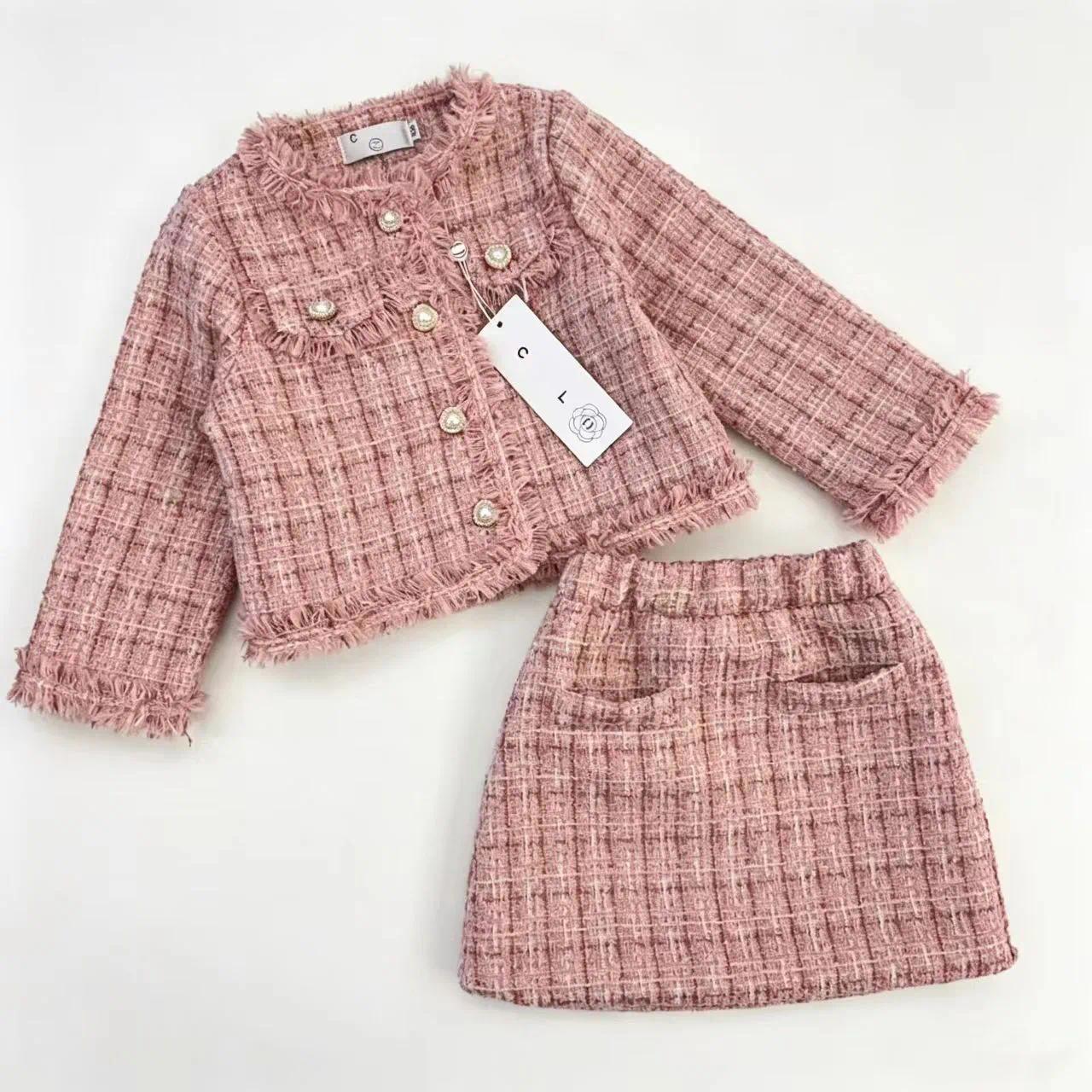 Designer Kids Girls Clothes Toddler Pink Fringed Plaid Cardigan Coat and Skirt 2Pcs Set Children Girl Brithday Party Princess Outfit Size 100CM-160C