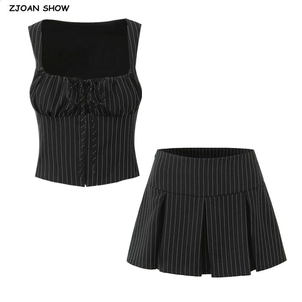 Black Striped Bow Ruched Chest Hook Buttons Crop Top Women Low Waist Package Hips Pleated Mini Skirt Suits 2 Pieces 1 Set 260917