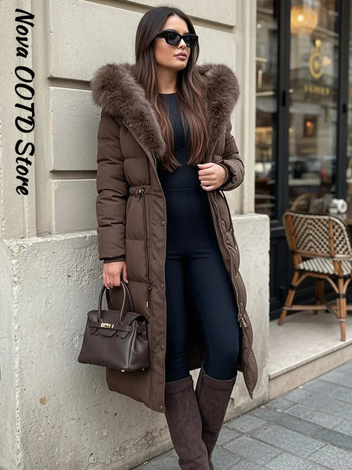 Elegant Fur Collar Hood Belt Long Cotton Jacket Women Zipper Drawstring Waist Parka Down Coat Winter Lady Warm Chic Outwear 260918