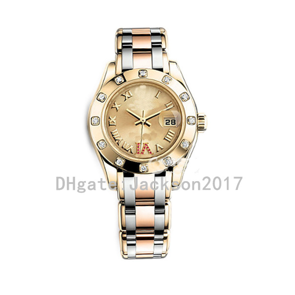 Ladies Watch 28mm Champagne Roman Dial Diamond Bezel 2813 Mechanical Automatic Stainless Steel Two Tone Rose Gold 80299 80318 Women's Watches w